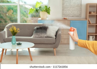 Woman Spraying Air Freshener At Home