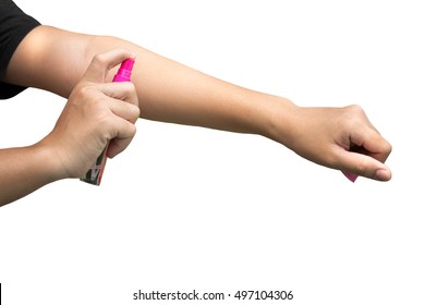 Woman Spraying Insect Repellent On Her Hand Isolated In White Background