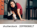 
Woman Spraying with Insecticide Over an Ant on the Kitchen Floor. Homeowner dealing with pest infestation problem in her own apparent
