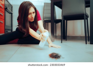 
Woman Spraying Insecticide Over a Cockroach on the Kitchen Floor.

 Homeowner dealing with pest infestation problem in her own home
 - Powered by Shutterstock