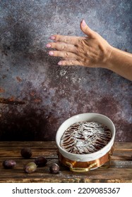 Woman Sprinkled With Powdered Sugar Plum Cake, Baking Homemade Sweet Dessert