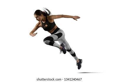 Woman Sprinter Leaving Starting. Isolated Image