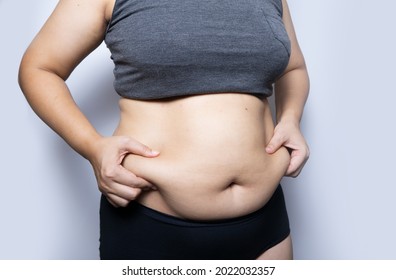 Woman Squeezing His Fat Belly.