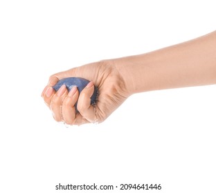 Woman squeezing wet makeup sponge on white background