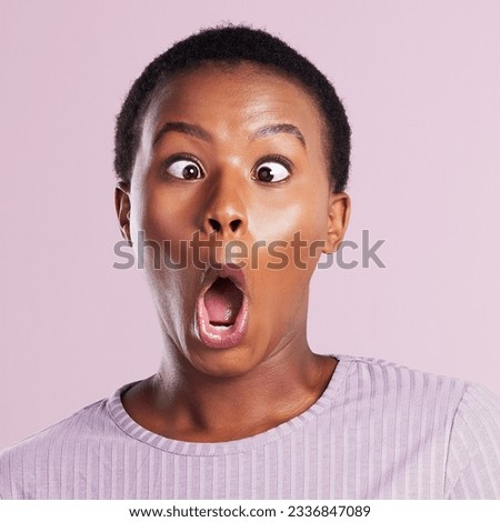 Woman, squinting and portrait in pink studio background with closeup in africa on emoji. Female person, face and squint eyes with funny expression for comedy with goofy girl with joy and humour.