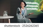 Woman, stage and smile at conference for sustainable ideas and responsible corporate decisions as public speaker. Female person, screen and global networking, seminar and summit in auditorium