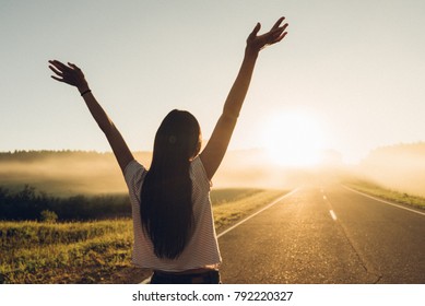 Woman Stand On The Road With Tree Around, Asian Traveler Girl Stand Turn Back On The Road With Sunshine And Tree Of Parkland