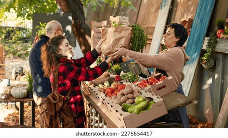 Woman stand owner putting fresh produce in bag to sell to young customer, choosing natural bio products. Happy client receiving homegrown natural eco fruits and vegetables, farmers market.