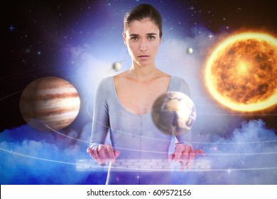 Woman standing against white background against composite image of solar system against white background 3d
