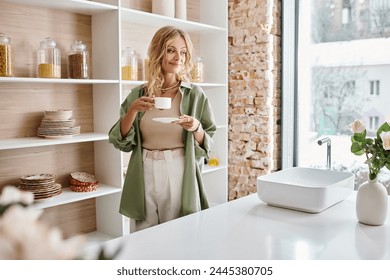 Woman standing in apartment kitchen holding a cup. - Powered by Shutterstock