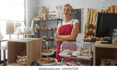 Woman standing in a bakery shop with arms crossed wearing a red apron, surrounded by baked goods, shelves, pastries, bread, and a cash register in a cozy, interior setting. - Powered by Shutterstock