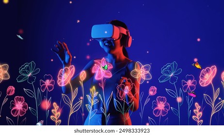 Woman standing in meta garden world wearing VR turn on transfer to wonderland with flower and butterfly flying in metaverse magical world fantasy neon blue natural creativity concept. Hallucination.