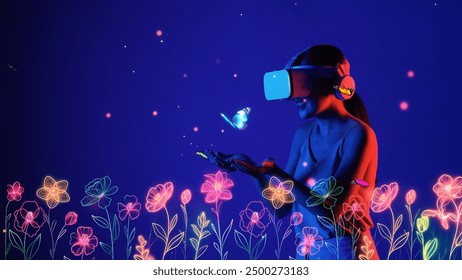 Woman standing in meta garden world wearing VR turn on transfer to wonderland with flower and butterfly flying in metaverse magical world fantasy neon blue natural creativity concept. Hallucination. - Powered by Shutterstock