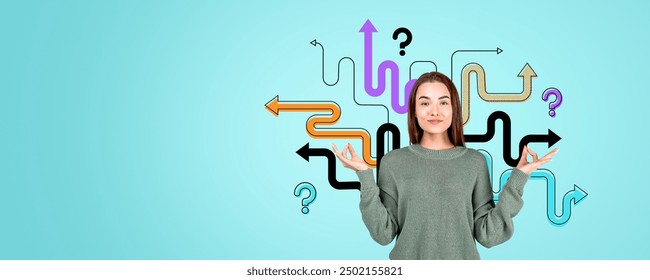 Woman standing with multiple arrows and question marks around her on a blue background. Concept of decision-making and confusion - Powered by Shutterstock