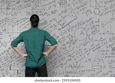 A woman is standing near a wall with a drawing of mathematical equations, graphs amd formulas. Idea generating and thinking concept