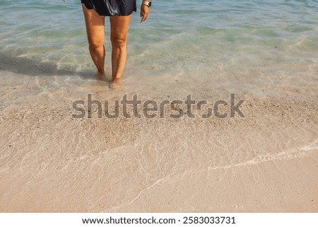 Similar – Image, Stock Photo Woman standing in shallow water with bare legs talking to her dog