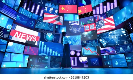 Woman stands before vast, curved wall composed of numerous interconnected digital screens displaying a dynamic mix of global news headlines, national flags, financial charts, and data visualizations. - Powered by Shutterstock - Get 15% off with code: PIKWIZARD15