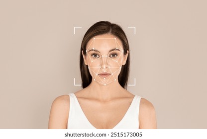 A woman stands calmly as facial recognition technology is applied to analyze her features with a simple background.