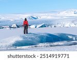 A woman stands on a large piece of ice, looking out over a vast, snowy landscape. The scene is serene and peaceful, with the woman