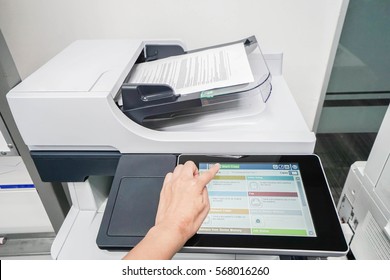 Woman Start Document Scanning By Office Printer