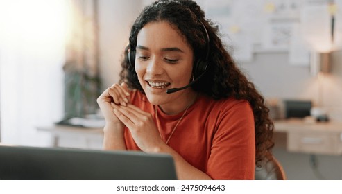 Woman, startup and laptop in home office for business, networking and clients with headphones or proposal. Entrepreneur, technology and video call in workplace for recruitment, meeting and interview - Powered by Shutterstock