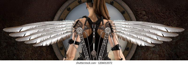 Woman With Steampunk Wings. Futuristic Concept. Steampunk Style