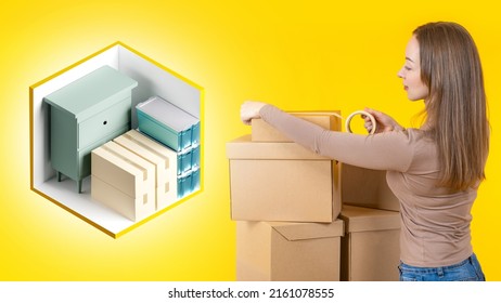 Woman and Storage Units. Girl seals box with tape. Concept - Rental Storage Units. Warehouse for safekeeping. Woman in front storage room. Warehouse unit on container. 3d rendering. - Shutterstock ID 2161078555