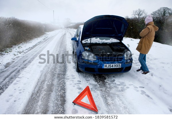 Woman\
stranded by the side of the deserted road on a snowy day next to\
her broken down car is waiting to be\
rescued.