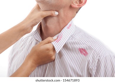 Woman Strangling Man With Red Lipstick Kisses On His Shirt