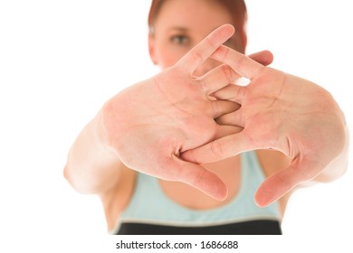 Woman Streching, Depth Of Field, Hands In Focus, Face Out Of Focus