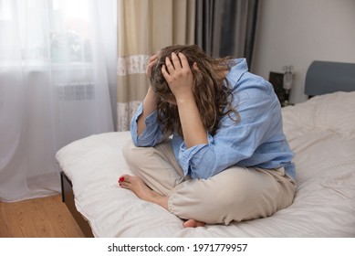 Woman Stress Alone, Addict And Alcoholism Alone Sad Sitting On Bed At Home In Depression. Concept Mental Health, Emotional Anxiety, Panic Attack. Sadness, Loneliness, Old Age.