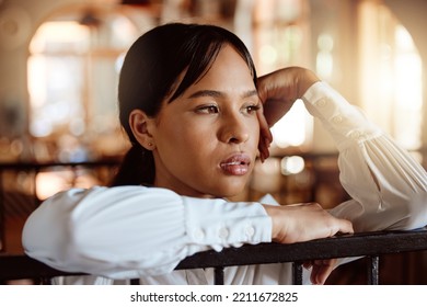 Woman, Stress Or Anxiety In Cafe, Restaurant Or Coffee Shop Job Loss, Portugal Covid Lockdown And Finance Crisis. Burnout, Depression Or Mental Health Small Business Owner Thinking Of Industry Future