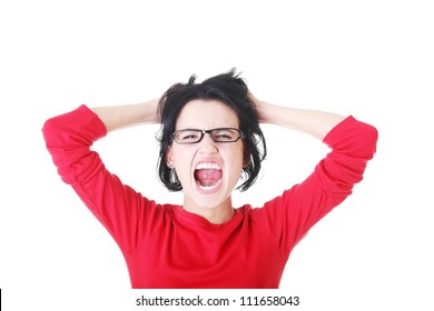 Woman Stressed Is Going Crazy Pulling Her Hair In Frustration.