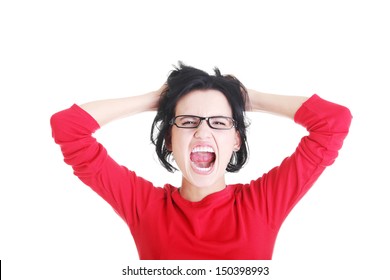 Woman Stressed Is Going Crazy Pulling Her Hair In Frustration.