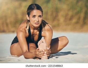 Woman, Stretching Or Beach Yoga In Relax Workout, Exercise Or Training In Australian Nature Environment. Zen, Calm Or Fitness Pilates Yogi On Sand And Mobility Health Mindset Or Chakra Energy Balance