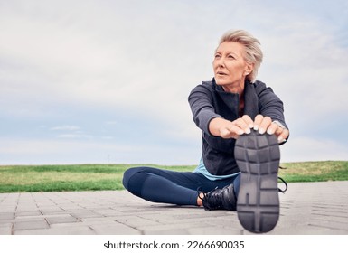 Woman, stretching exercise and fitness on blue sky mockup, park ground and training for cardio wellness. Senior female warm up legs outdoor for workout, sports running and thinking of healthy body - Shutterstock ID 2266690035