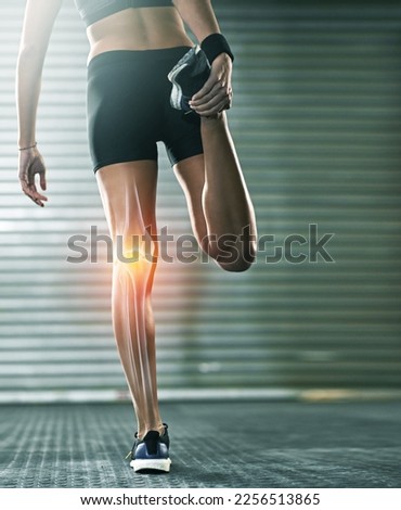 Woman, stretching legs and knee injury in gym with joint pain with 3d overlay for wellness training. Fitness expert, x ray hologram for workout, exercise or health for performance with hurt muscle