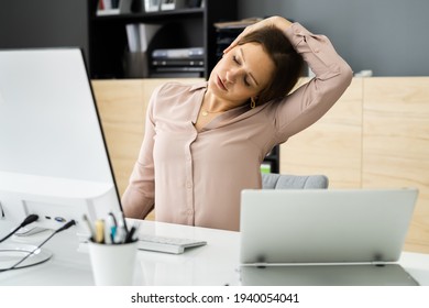 Woman Stretching At Office Desk. Worker Stretch Workout