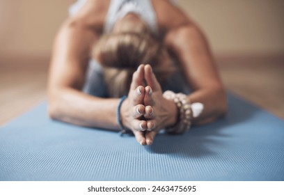 Woman, stretching and prayer hands for yoga, meditation and workout for energy and wellness. Female athlete, health and flexible at gym for fitness, exercise and relax for muscle, recovery and zen - Powered by Shutterstock