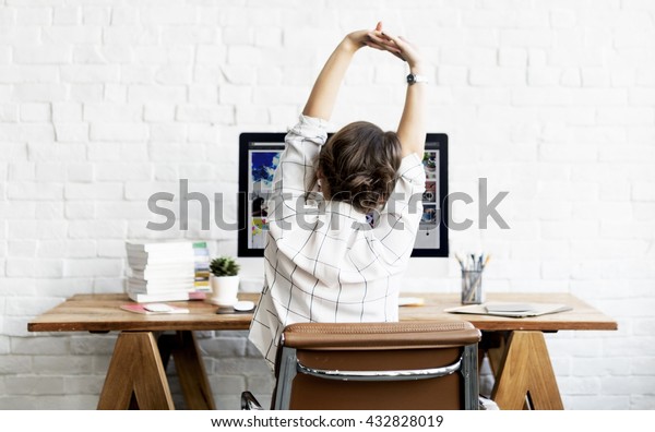 Woman Stretching Relaxation Resting Office\
Workplace Concept
