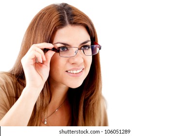 Woman Struggling To See And Wearing Glasses - Isolated Over White