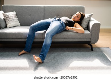 Woman Struggling With Tight Jeans. Weight Gain