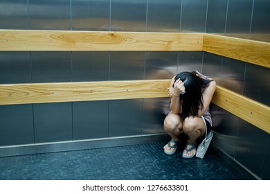 Woman Stuck In The Elevator, Girl Very Sad
