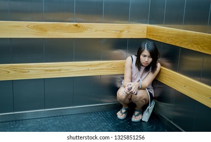 Woman Stuck In The Elevator, Girl Very Sad
