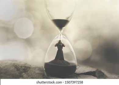 Woman Stuck In An Hourglass, Concept Of Being Prisoners Of Time Passing