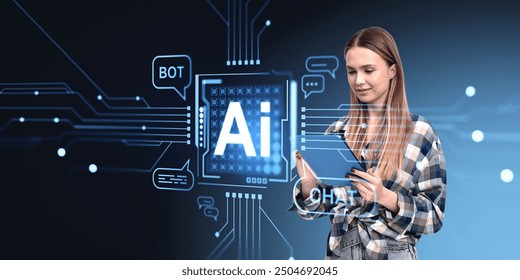 Woman student working and looking at tablet, AI glowing chip hologram hud with chat bot icons. Concept of artificial intelligence, machine learning and virtual assistant - Powered by Shutterstock