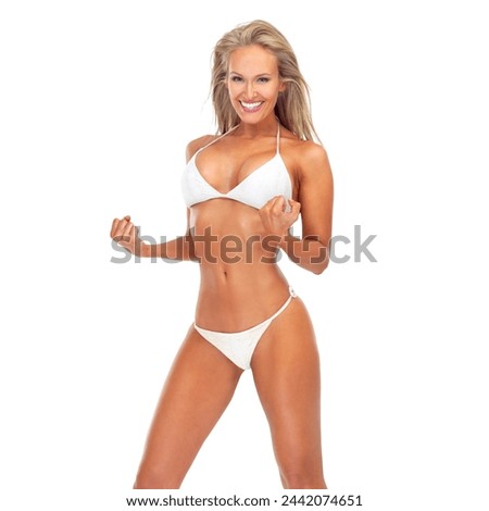 Woman, studio and confident in swimsuit portrait, bikini or cheerful female person with summer swimming clothes. Happy, positive or enthusiastic model, flexing or yes with hands on white background