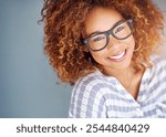 Woman, studio and happy with glasses on portrait for vision, eyesight and health in gray background. Female person, customer and smile or satisfied in confidence with spectacles, frame and lenses