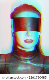Woman studio portrait with big silver futuristic glasses or helmet covering her eyes in glitch effect style. Model wearing dark blouse in white studio background. Futuristic looking style. RGB split