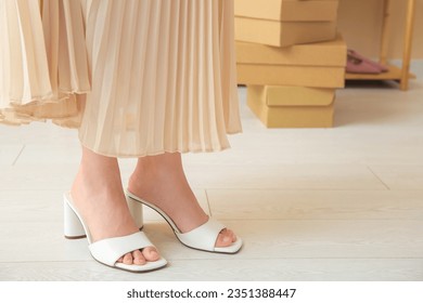 Woman in stylish sandals in store, closeup
